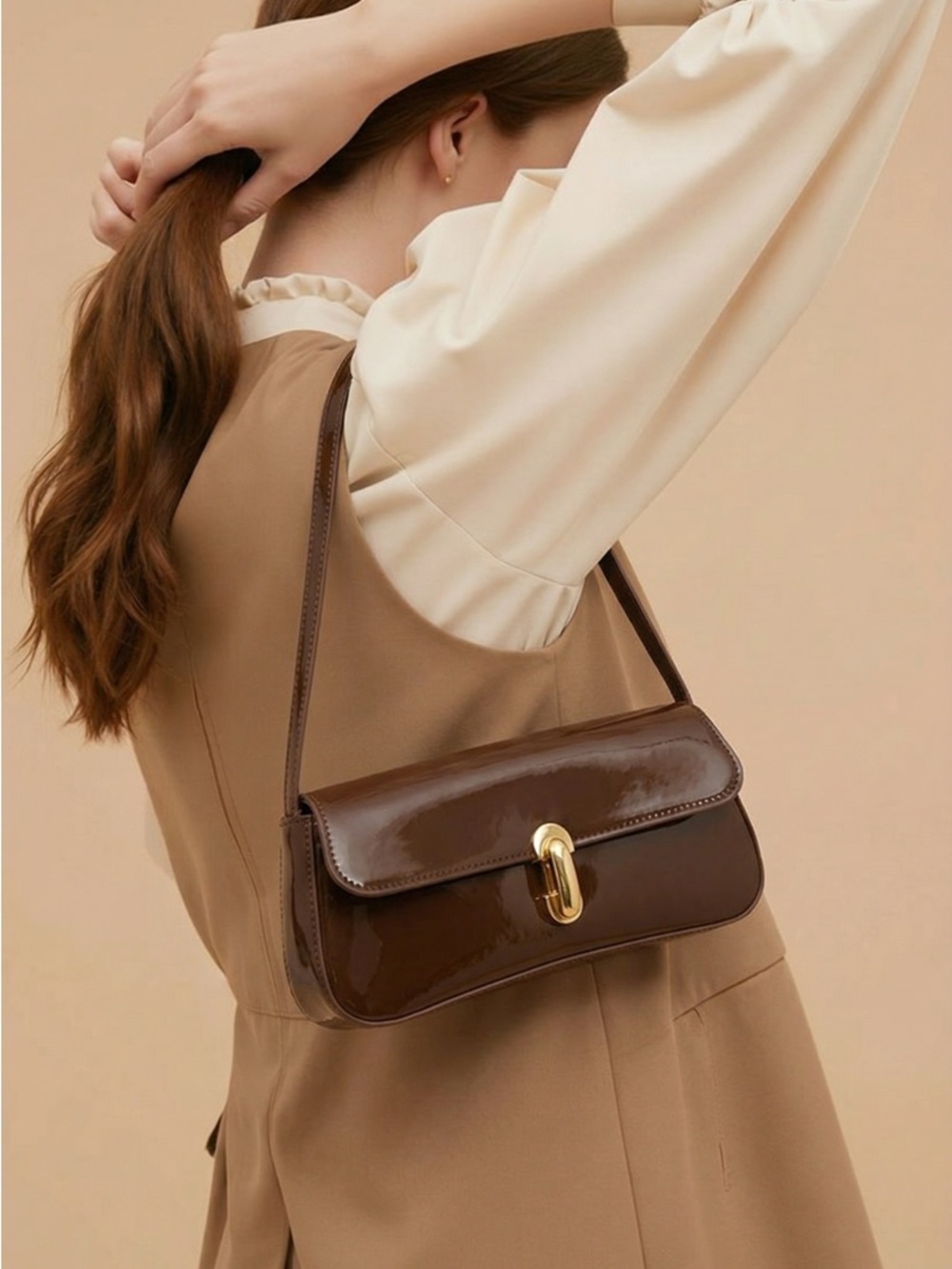 Patent Leather Brown Shoulder Bag with Gold Turn-Lock